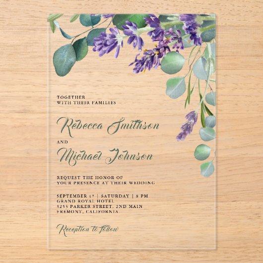 Rustic Lavender Eucalyptus Wedding Acryl Uitnodigingen (Voorkant)