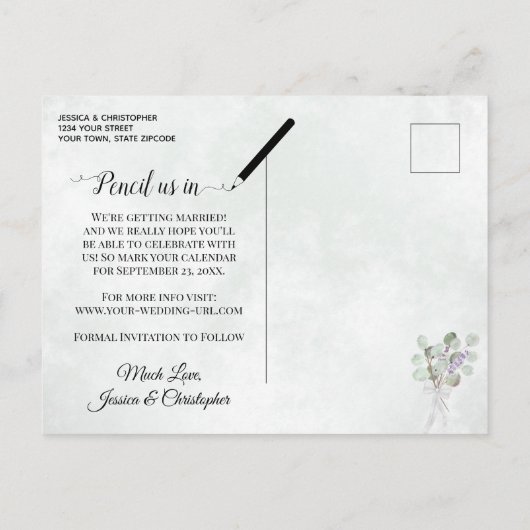 Rustic Lavender & Eucalyptus Wedding Save the Date Aankondigingskaart (Achterkant)