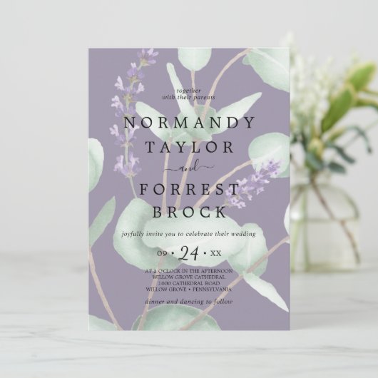 Rustic Lavender Faded Eucalyptus Wedding Kaart (Staand voorkant)