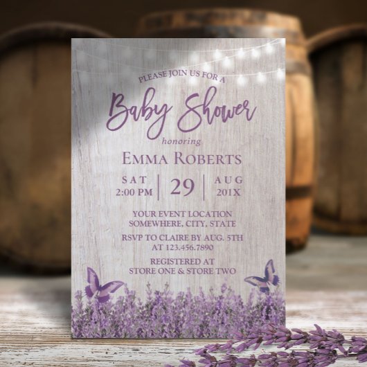 Rustic Lavender Floral Butterfly Baby shower Kaart