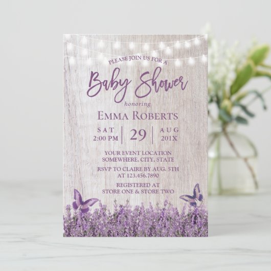 Rustic Lavender Floral Butterfly Baby shower Kaart (Staand voorkant)