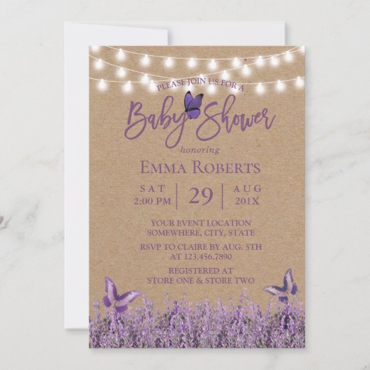 Rustic Lavender Floral Butterfly Kraft Baby shower Kaart (Voorkant)