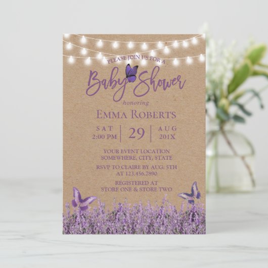 Rustic Lavender Floral Butterfly Kraft Baby shower Kaart (Staand voorkant)