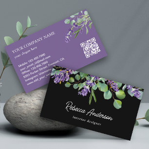 Rustic Lavender Floral Eucalyptus Black QR Code Visitekaartje