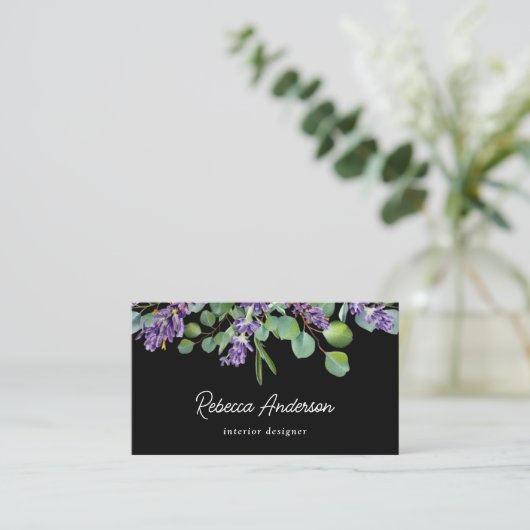 Rustic Lavender Floral Eucalyptus Black QR Code Visitekaartje (Staand voorkant)