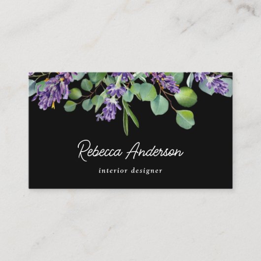 Rustic Lavender Floral Eucalyptus Black QR Code Visitekaartje (Voorkant)