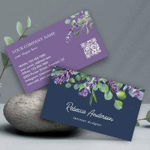 Rustic Lavender Floral Eucalyptus Navy QR Code Visitekaartje