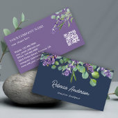 Rustic Lavender Floral Eucalyptus Navy QR Code Visitekaartje