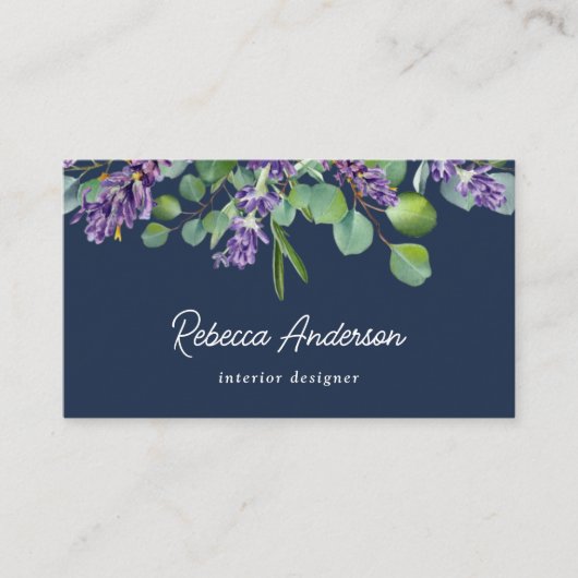 Rustic Lavender Floral Eucalyptus Navy QR Code Visitekaartje (Voorkant)