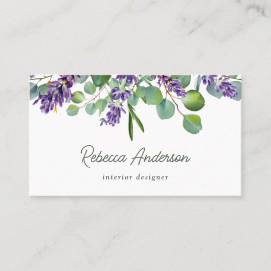 Rustic Lavender Floral Eucalyptus QR Code Visitekaartje (Voorkant)