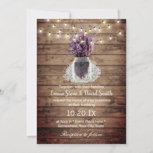 Rustic Lavender Floral Jar String Lights Wedding Kaart (Voorkant)