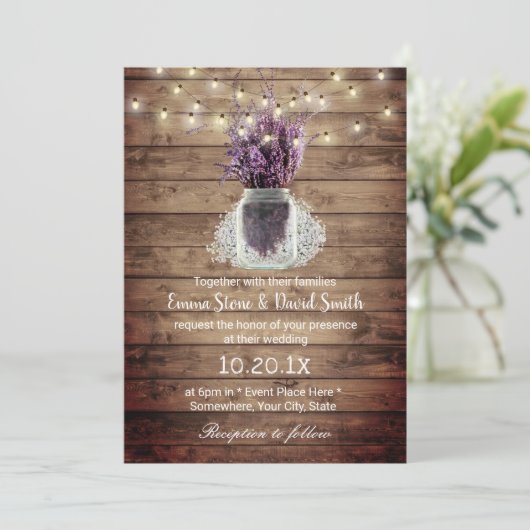 Rustic Lavender Floral Jar String Lights Wedding Kaart (Staand voorkant)