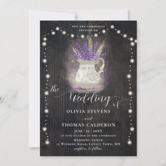 Rustic Lavender Flower Pot Wood Lace Light Wedding Kaart (Voorkant)