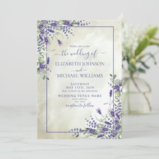 Rustic Lavender Greenery Waterverf Wedding Kaart (Staand voorkant)