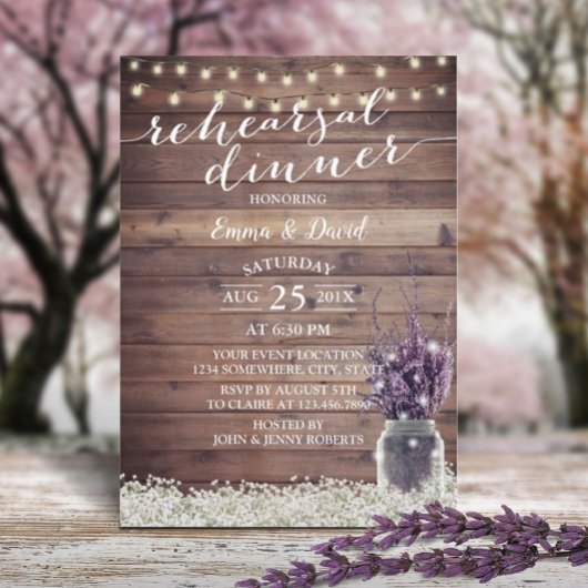 Rustic Lavender Jar Baby's Breath Rehearsal Dinner Kaart