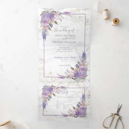 Rustic Lavender Lila Gold Floral Photo Wedding Drieluik Uitnodiging (Binnen)