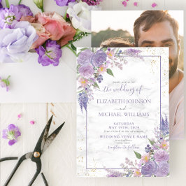 Rustic Lavender Lila Gold Floral Photo Wedding Kaart
