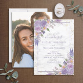 Rustic Lavender Lila Gold Floral Photo Wedding Kaart