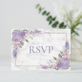 Rustic Lavender Lila Gold Floral Wedding RSVP Kaartje (Staand voorkant)
