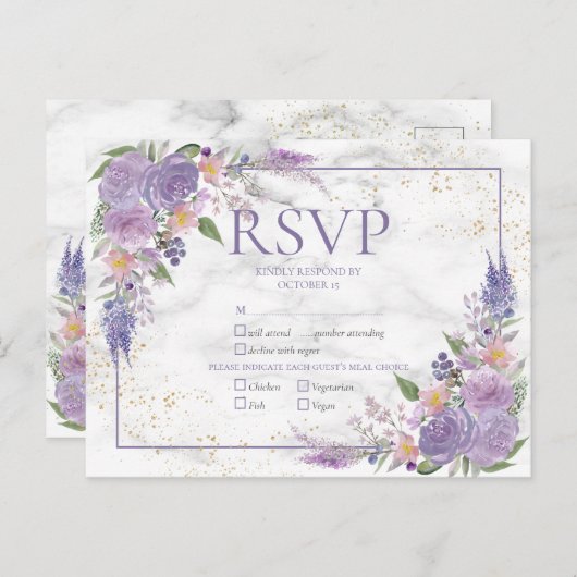 Rustic Lavender Lila Gold Floral Wedding RSVP Uitnodiging Briefkaart (Voorkant / Achterkant)
