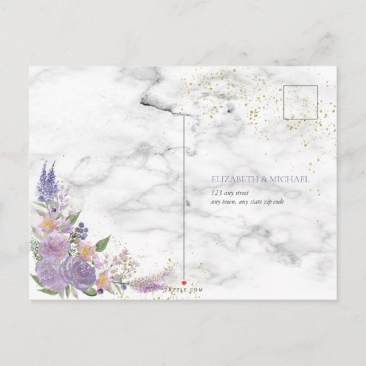 Rustic Lavender Lila Gold Floral Wedding RSVP Uitnodiging Briefkaart (Achterkant)
