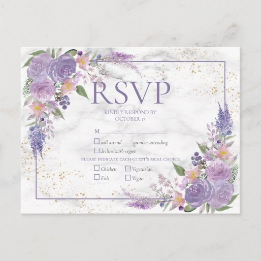Rustic Lavender Lila Gold Floral Wedding RSVP Uitnodiging Briefkaart (Voorkant)