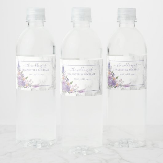 Rustic Lavender Marble Floral Wedding Waterfles Etiket (Flessen)