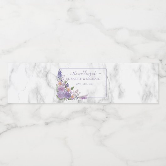 Rustic Lavender Marble Floral Wedding Waterfles Etiket (Enkel label)