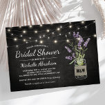 Rustic Lavender Mason Jar Lights Vrijgezellenfeest Kaart<br><div class="desc">Landskic bridal douche call sjabloon met een rustige zwarte achtergrond, snaarlichten, een moeraspot met paarse lavenderbloemen, verpakt in een schoot met de initialen van de paren en een gemakkelijk te personaliseren vrijgezellenfeest sjabloon. Voor verdere verpersoonlijking, te klikken gelieve de knoop "aanpast het"om deze sjabloon te wijzigen. Alle tekststijl, kleuren en...</div>