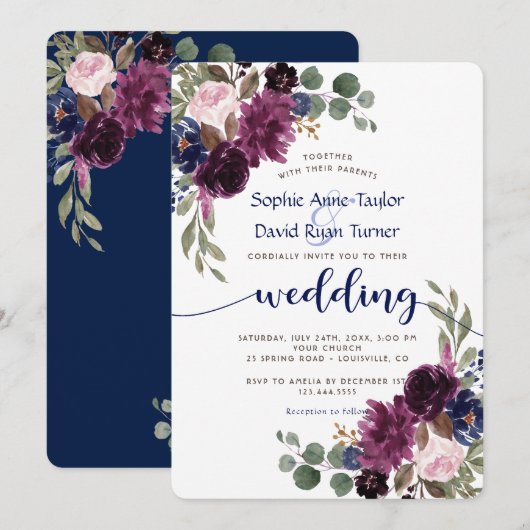 Rustic Lavender Navy Blue Floral Bloom Wedding Kaart (Voorkant / Achterkant)
