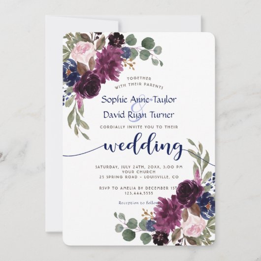 Rustic Lavender Navy Blue Floral Bloom Wedding Kaart (Voorkant)