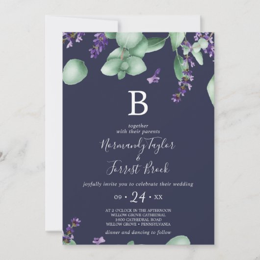 Rustic Lavender | Navy Blue Monogram Weddenschap Kaart (Voorkant)