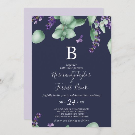 Rustic Lavender | Navy Blue Monogram Weddenschap Kaart (Voorkant / Achterkant)
