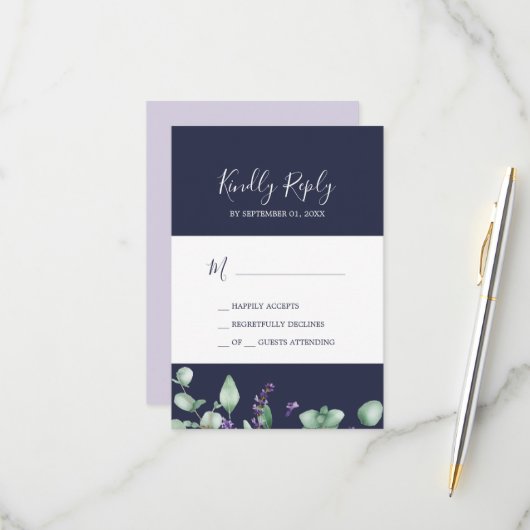 Rustic Lavender | Navy Blue Simple RSVP-kaart RSVP Kaartje (Voorkant / Achterkant in situ)