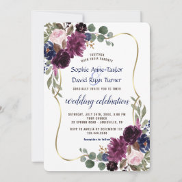 Rustic Lavender Navy Gold Floral Wedding Kaart