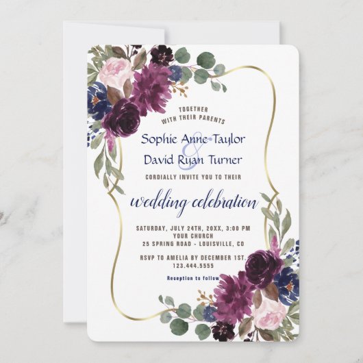 Rustic Lavender Navy Gold Floral Wedding Kaart (Voorkant)