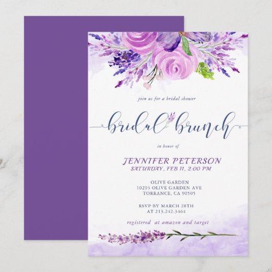 Rustic Lavender Paarse Bridal Brunch Uitnodiging (Voorkant / Achterkant)