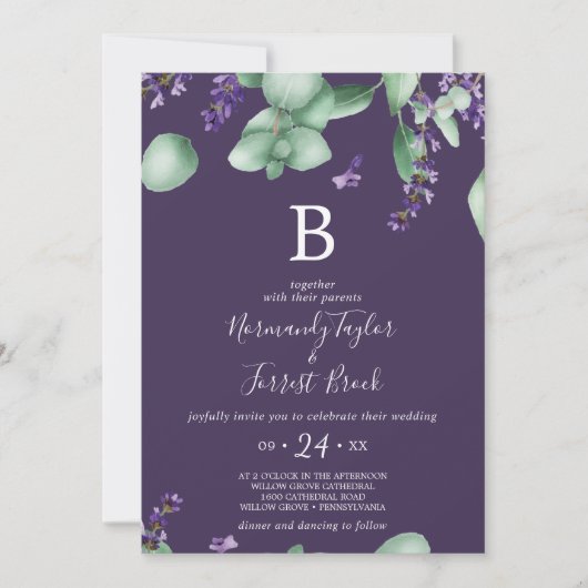 Rustic Lavender | Paarse monogram bruiloft Kaart (Voorkant)