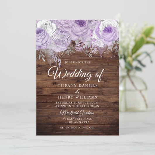 Rustic Lavender Paarse Sparkle Floral Wedding Kaart (Staand voorkant)