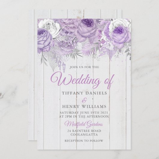 Rustic Lavender Purple Flowers Wedding Invite Kaart (Voorkant / Achterkant)