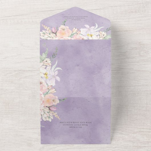Rustic Lavender & Roze pasta Floral QR Code All In One Uitnodiging (Buitenkant)