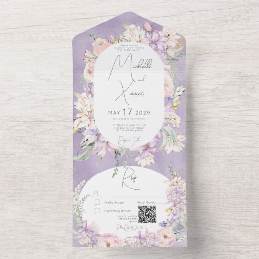 Rustic Lavender & Roze pasta Floral QR Code All In One Uitnodiging (Binnen)
