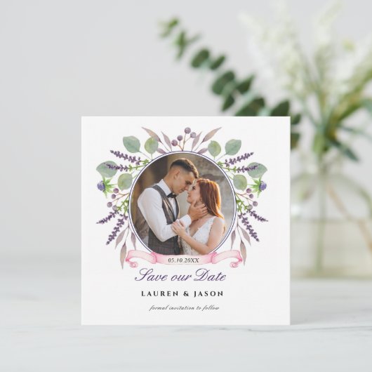 Rustic Lavender Save the date Photo square Invitat Kaart (Staand voorkant)