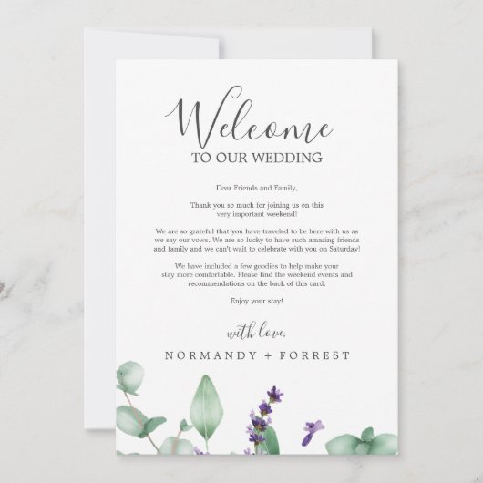 Rustic Lavender Wedding Welcome Letter & Itinerary (Voorkant)