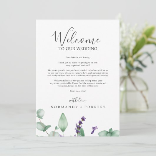Rustic Lavender Wedding Welcome Letter & Itinerary (Staand voorkant)