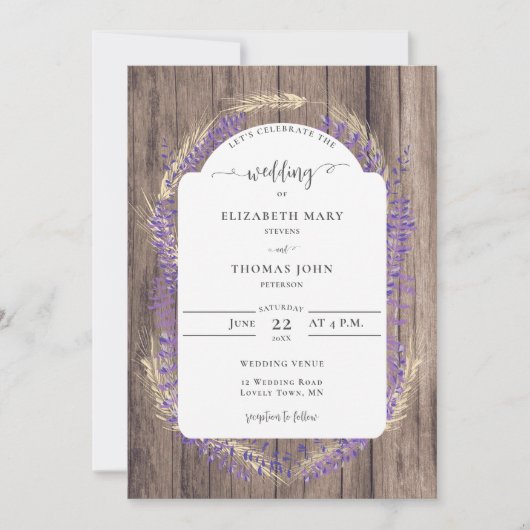 Rustic Lavender Wheat Floral Lijst Wood Weddenscha Kaart (Voorkant)