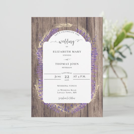 Rustic Lavender Wheat Floral Lijst Wood Weddenscha Kaart (Staand voorkant)
