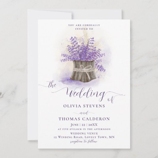 Rustic Lavender Wheat Wood Flower Pot Chic Wedding Kaart (Voorkant)