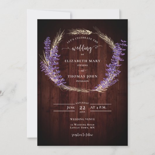 Rustic Lavender Wheat Wreath Wood Board Wedding Kaart (Voorkant)