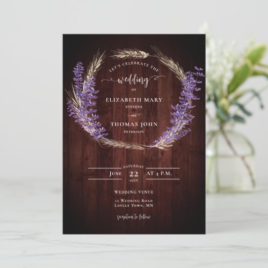 Rustic Lavender Wheat Wreath Wood Board Wedding Kaart (Staand voorkant)